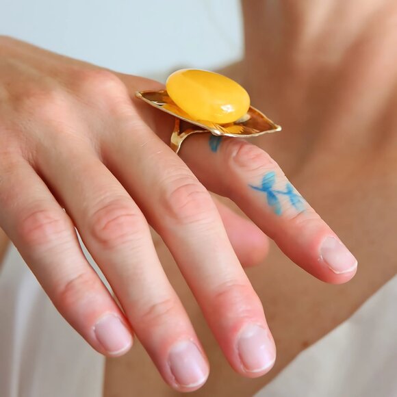 Butterscotch Amber Ring – Adjustable 14k Gold Plated Sterling Silver - Picture 7 of 8